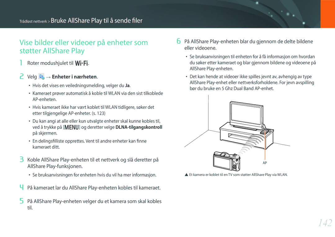 Samsung EV-NX300ZBSVSE manual 142, Vise bilder eller videoer på enheter som, Støtter AllShare Play, Eller videoene 