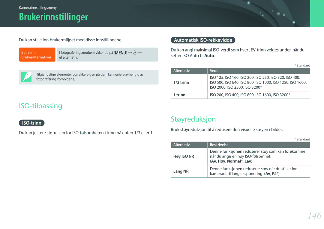 Samsung EV-NX300ZBQUDK, EV-NX300ZBFUDK, EV-NX300ZBAVDK manual Brukerinnstillinger, 146, ISO-tilpassing, Støyreduksjon 