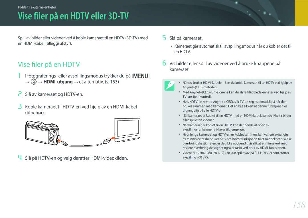 Samsung EV-NX300ZBQUDK, EV-NX300ZBFUDK, EV-NX300ZBAVDK, EV-NX300ZBATDK, EV-NX300ZBSTDK manual 158, Vise filer på en Hdtv 