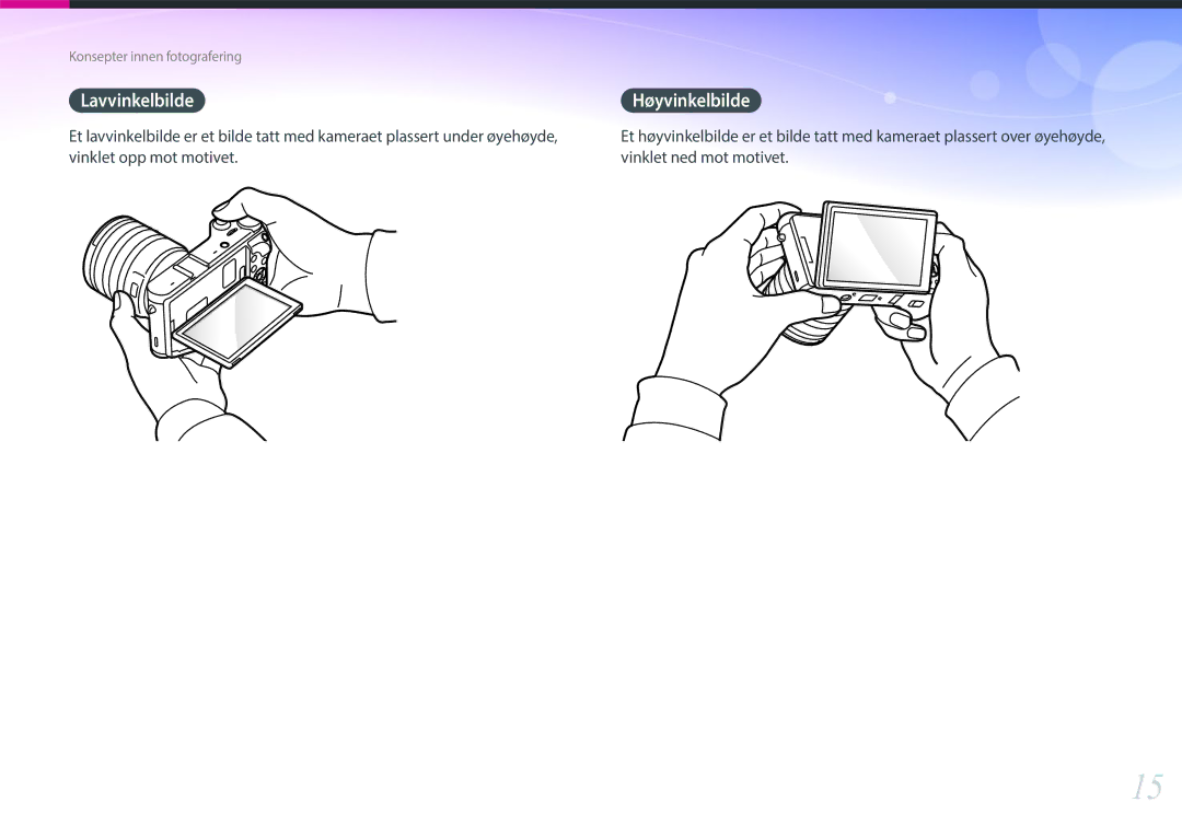 Samsung EV-NX300ZBSTDK, EV-NX300ZBFUDK, EV-NX300ZBAVDK, EV-NX300ZBATDK manual Vinklet opp mot motivet Vinklet ned mot motivet 