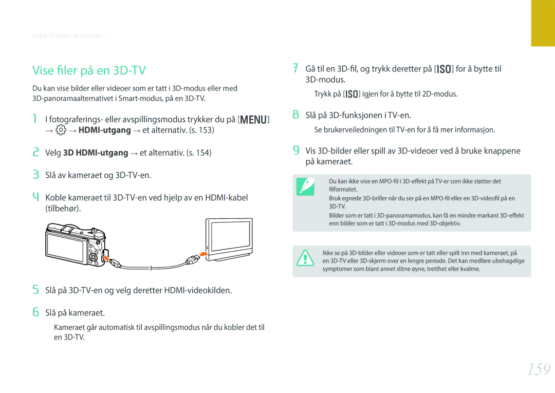 Samsung EV-NX300ZBSTDK, EV-NX300ZBFUDK, EV-NX300ZBAVDK manual 159, Vise filer på en 3D-TV, Slå på 3D-funksjonen i TV-en 