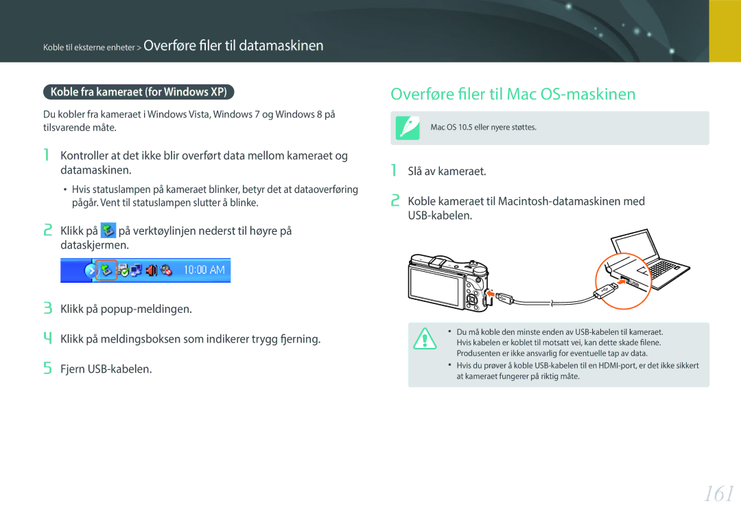 Samsung EV-NX300ZBQUSE, EV-NX300ZBFUDK manual 161, Overføre filer til Mac OS-maskinen, Koble fra kameraet for Windows XP 