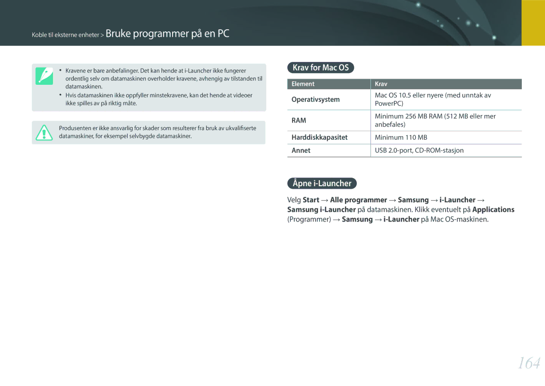 Samsung EV-NX300ZBAVSE, EV-NX300ZBFUDK, EV-NX300ZBAVDK manual 164, Krav for Mac OS, Åpne i-Launcher, Harddiskkapasitet 