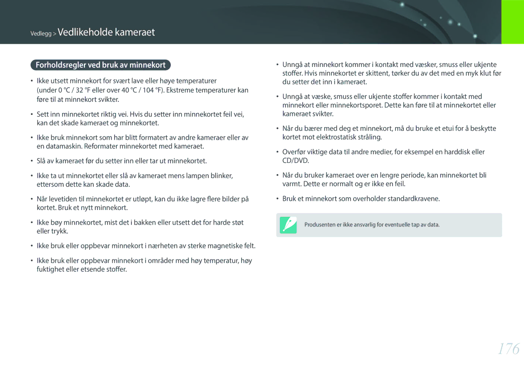 Samsung EV-NX300ZBAVSE, EV-NX300ZBFUDK, EV-NX300ZBAVDK, EV-NX300ZBATDK manual 176, Forholdsregler ved bruk av minnekort 