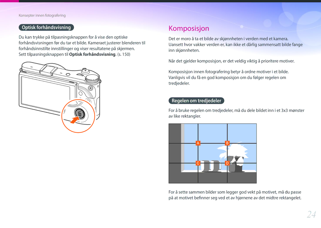 Samsung EV-NX300ZBAVDK, EV-NX300ZBFUDK, EV-NX300ZBATDK, EV-NX300ZBQUDK manual Optisk forhåndsvisning, Regelen om tredjedeler 