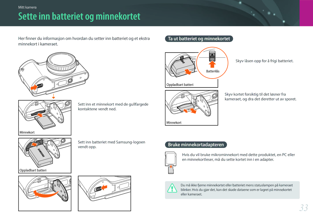 Samsung EV-NX300ZBSTSE Sette inn batteriet og minnekortet, Minnekort i kameraet, Sett inn batteriet med Samsung-logoen 