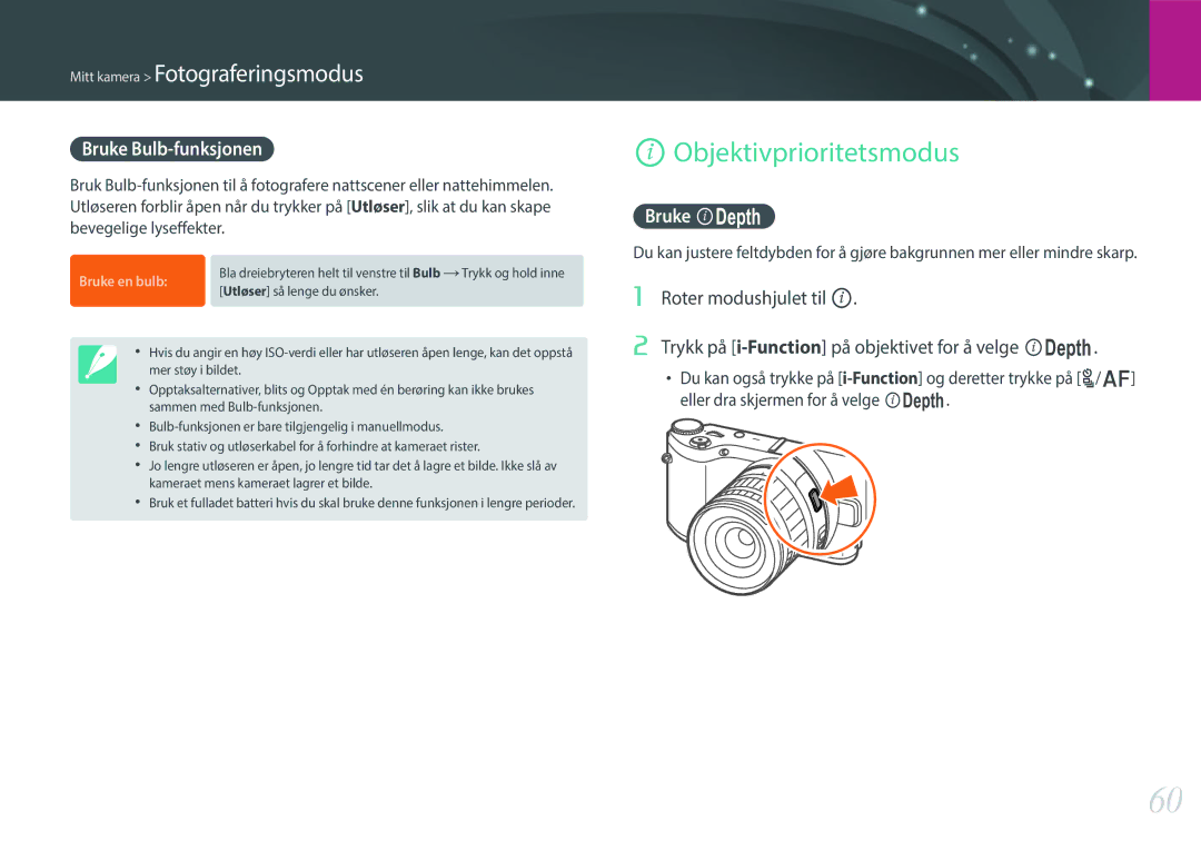 Samsung EV-NX300ZBAVDK, EV-NX300ZBFUDK, EV-NX300ZBATDK manual Objektivprioritetsmodus, Bruke Bulb-funksjonen, Bruke E 