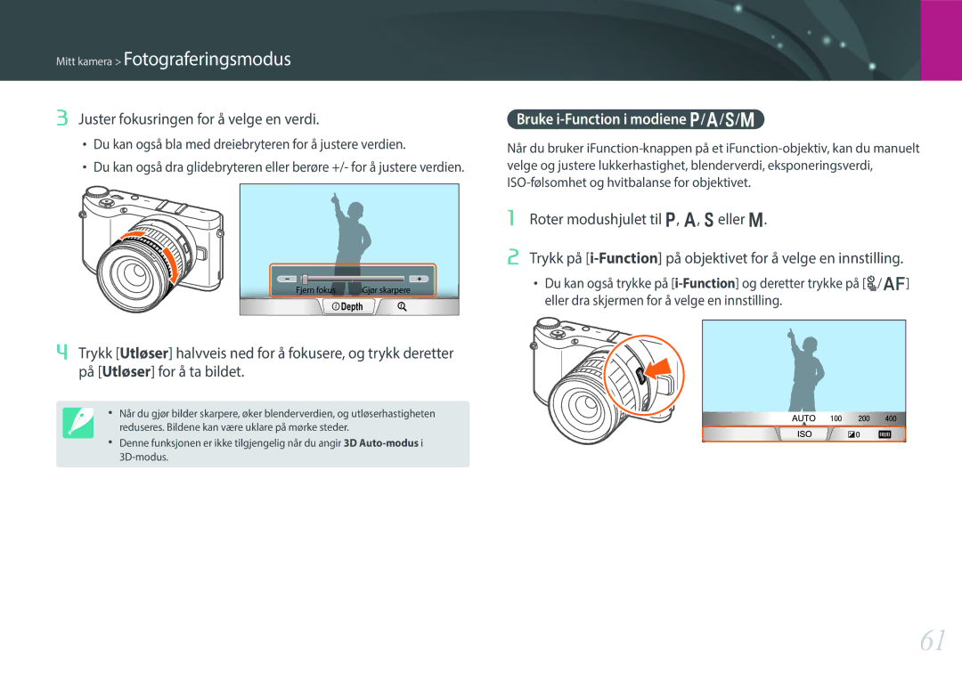 Samsung EV-NX300ZBATDK, EV-NX300ZBFUDK manual Juster fokusringen for å velge en verdi, Bruke i-Function i modiene P/A/S/M 