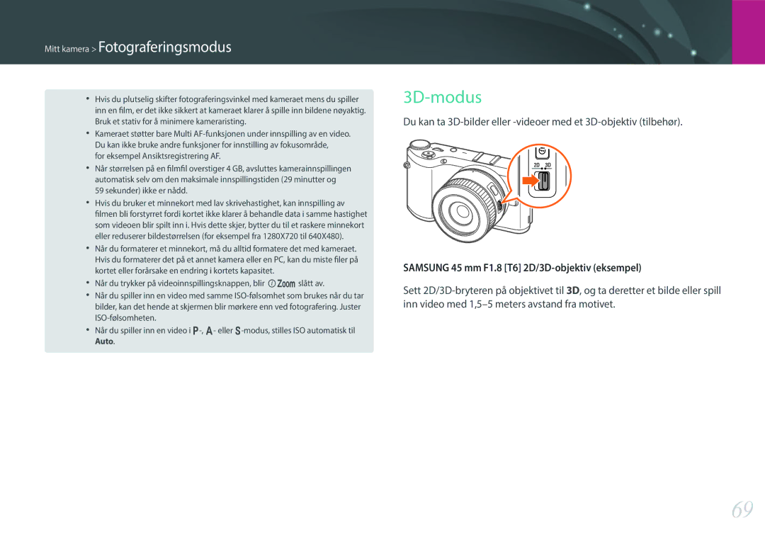 Samsung EV-NX300ZBSTSE, EV-NX300ZBFUDK, EV-NX300ZBAVDK, EV-NX300ZBATDK manual 3D-modus, For eksempel Ansiktsregistrering AF 