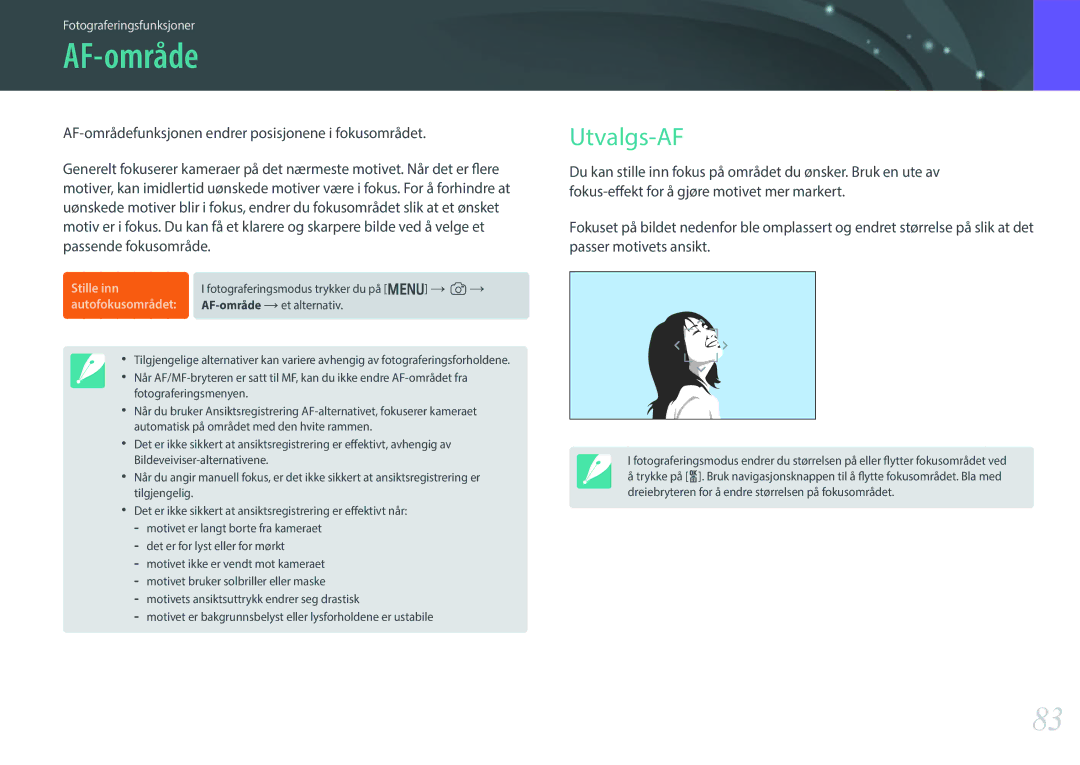 Samsung EV-NX300ZBFUDK, EV-NX300ZBAVDK manual Utvalgs-AF, AF-områdefunksjonen endrer posisjonene i fokusområdet 