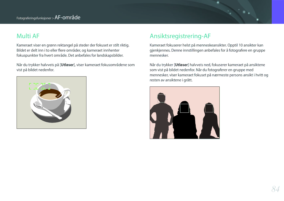 Samsung EV-NX300ZBAVDK, EV-NX300ZBFUDK, EV-NX300ZBATDK, EV-NX300ZBQUDK, EV-NX300ZBSTDK manual Multi AF, Ansiktsregistrering-AF 