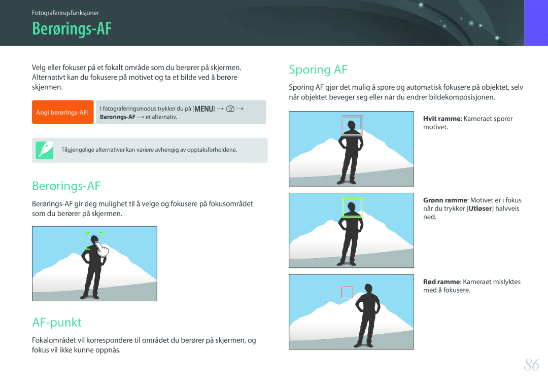 Samsung EV-NX300ZBQUDK, EV-NX300ZBFUDK manual Berørings-AF, Sporing AF, AF-punkt, Hvit ramme Kameraet sporer motivet 