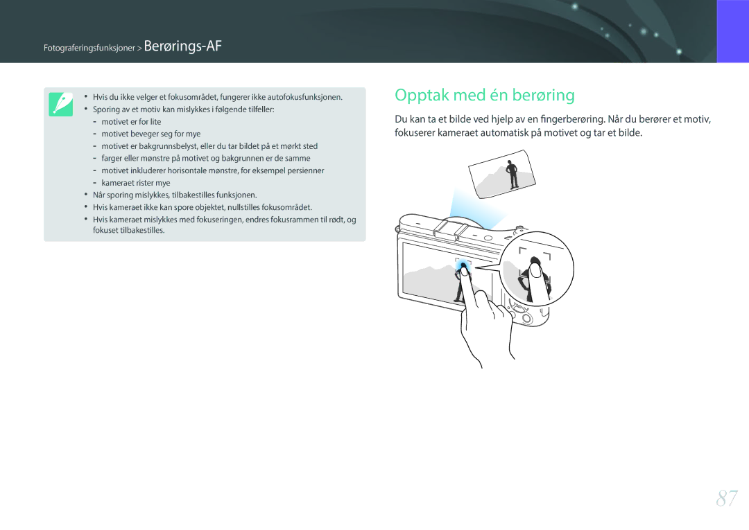 Samsung EV-NX300ZBSTDK, EV-NX300ZBFUDK, EV-NX300ZBAVDK manual Opptak med én berøring, Fotograferingsfunksjoner Berørings-AF 