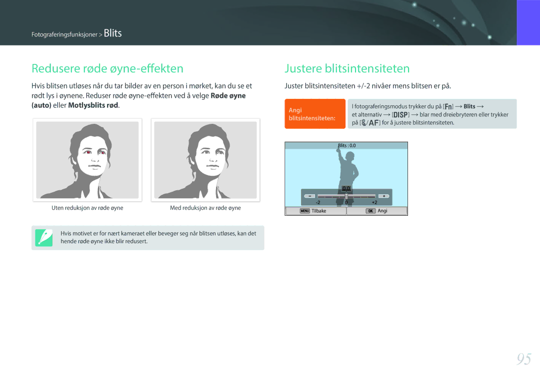 Samsung EV-NX300ZBFUDK, EV-NX300ZBAVDK, EV-NX300ZBATDK manual Redusere røde øyne-effekten, Justere blitsintensiteten 