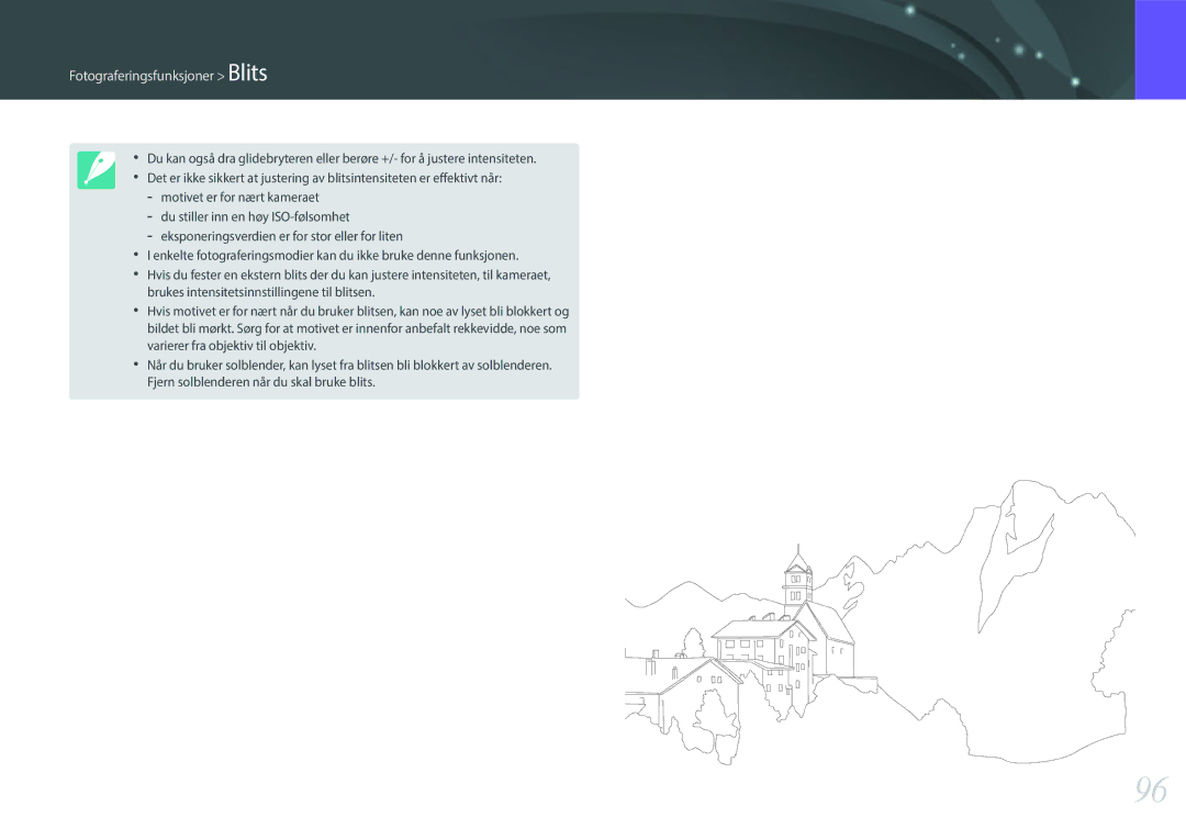 Samsung EV-NX300ZBAVDK, EV-NX300ZBFUDK, EV-NX300ZBATDK, EV-NX300ZBQUDK, EV-NX300ZBSTDK manual Fotograferingsfunksjoner Blits 