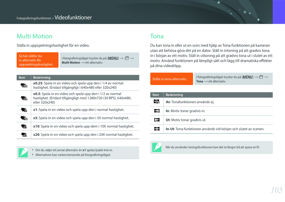 Samsung EV-NX300ZBSTSE, EV-NX300ZBFUDK manual 105, Multi Motion, Tona, Ställa in uppspelningshastighet för en video 