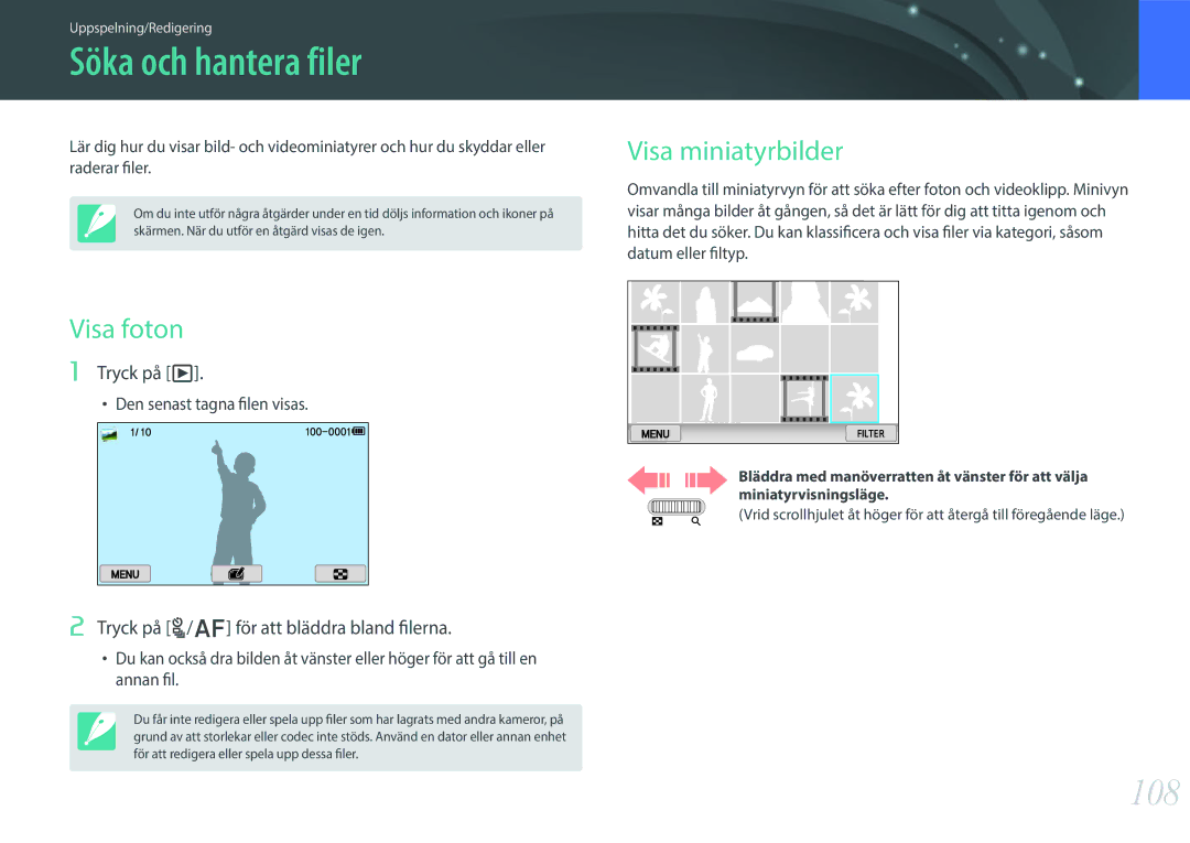 Samsung EV-NX300ZBAVDK, EV-NX300ZBFUDK, EV-NX300ZBATDK manual Söka och hantera filer, 108, Visa miniatyrbilder, Visa foton 