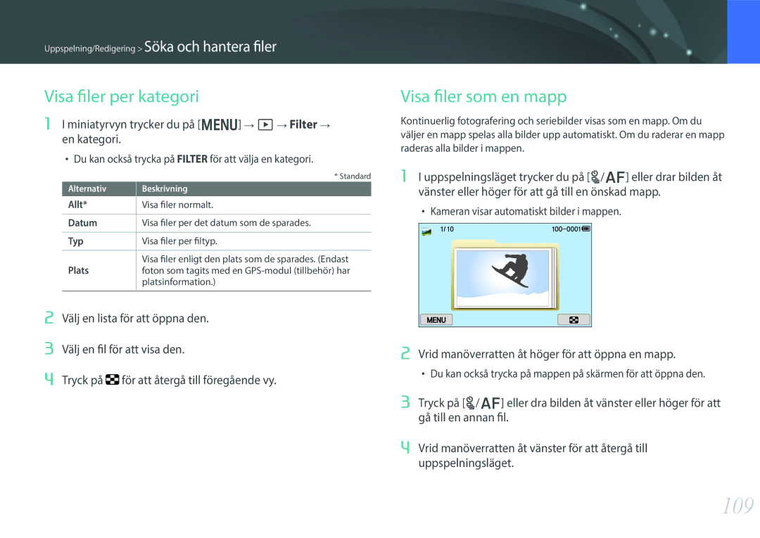 Samsung EV-NX300ZBATDK, EV-NX300ZBFUDK, EV-NX300ZBAVDK, EV-NX300ZBQUDK 109, Visa filer per kategori, Visa filer som en mapp 