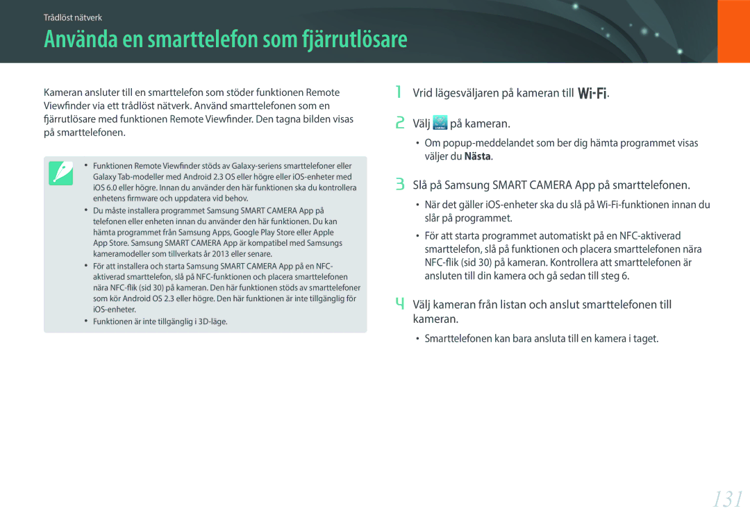 Samsung EV-NX300ZBFUDK, EV-NX300ZBAVDK, EV-NX300ZBATDK, EV-NX300ZBQUDK manual Använda en smarttelefon som fjärrutlösare, 131 