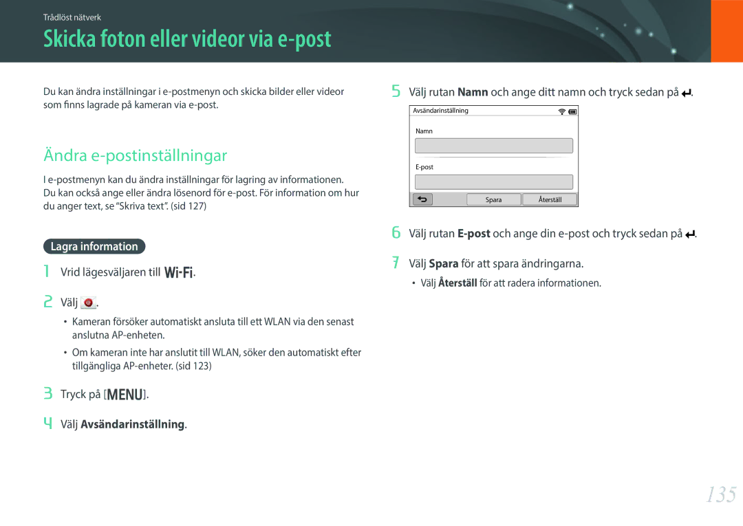 Samsung EV-NX300ZBSTDK manual Skicka foton eller videor via e-post, 135, Ändra e-postinställningar, Lagra information 