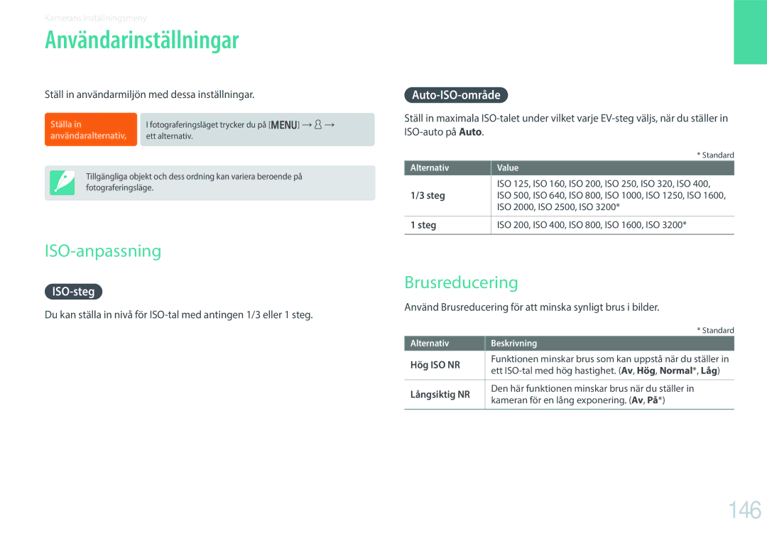 Samsung EV-NX300ZBQUDK, EV-NX300ZBFUDK, EV-NX300ZBAVDK manual Användarinställningar, 146, ISO-anpassning, Brusreducering 