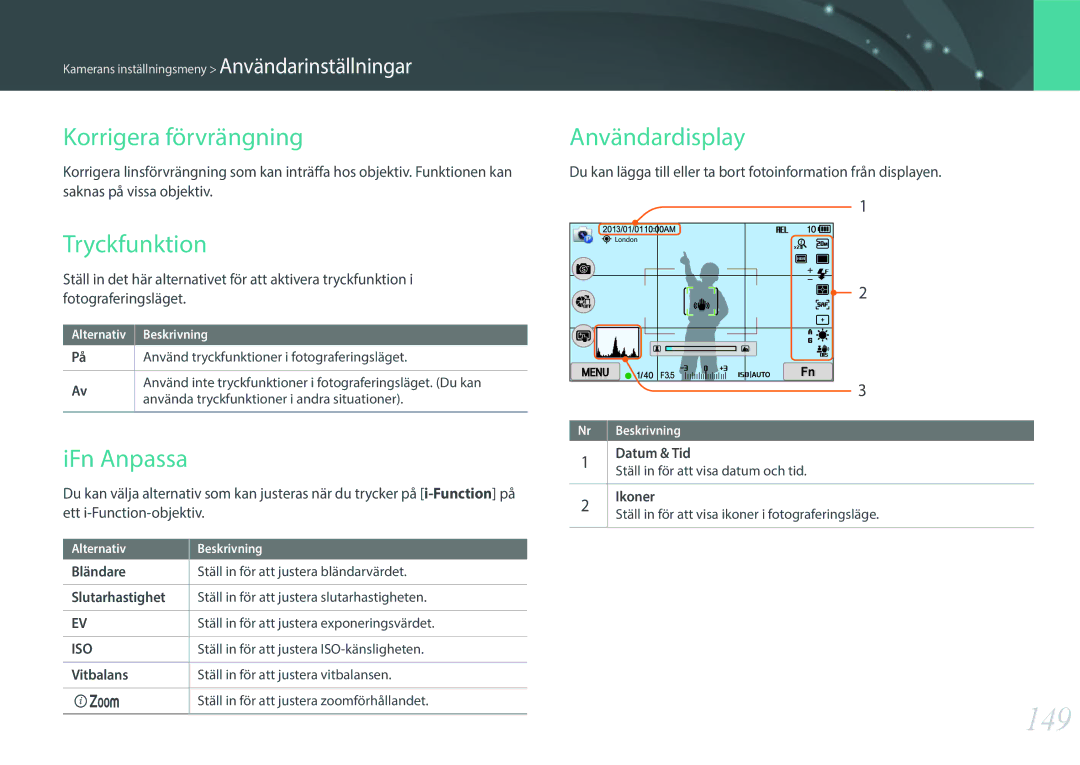 Samsung EV-NX300ZBQUSE, EV-NX300ZBFUDK manual 149, Korrigera förvrängning, Tryckfunktion, IFn Anpassa, Användardisplay 