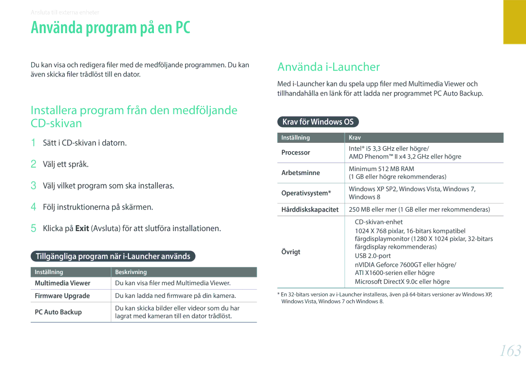 Samsung EV-NX300ZBFUSE, EV-NX300ZBFUDK Använda program på en PC, 163, Installera program från den medföljande CD-skivan 