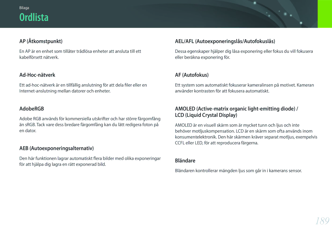 Samsung EV-NX300ZBSTSE, EV-NX300ZBFUDK, EV-NX300ZBAVDK, EV-NX300ZBATDK, EV-NX300ZBQUDK, EV-NX300ZBSTDK manual Ordlista, 189 