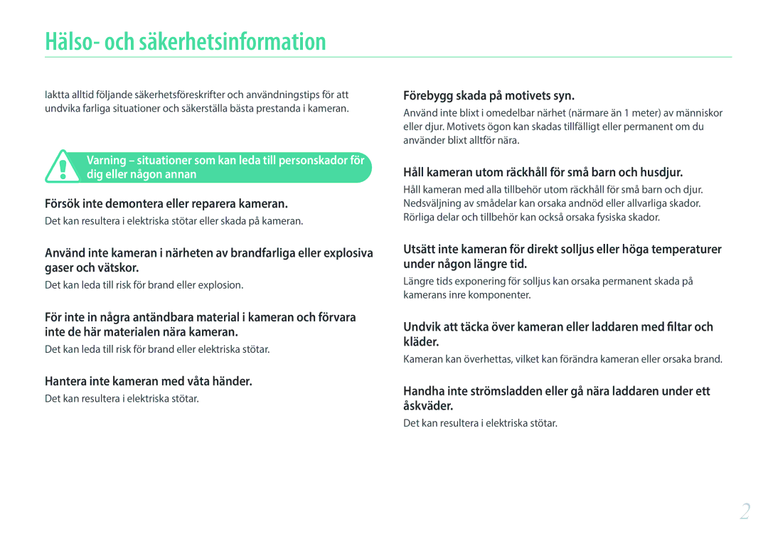 Samsung EV-NX300ZBQUDK, EV-NX300ZBFUDK manual Hälso- och säkerhetsinformation, Försök inte demontera eller reparera kameran 