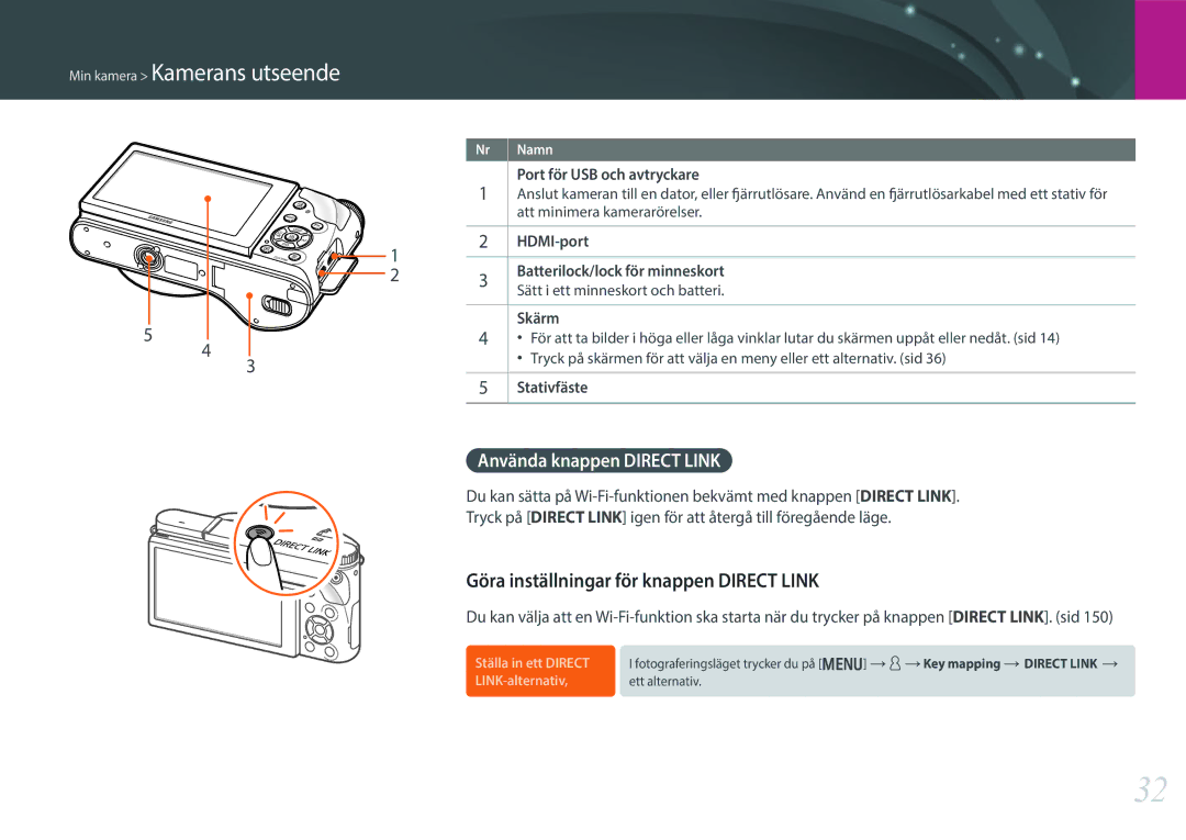 Samsung EV-NX300ZBAVSE, EV-NX300ZBFUDK manual Göra inställningar för knappen Direct Link, Använda knappen Direct Link 