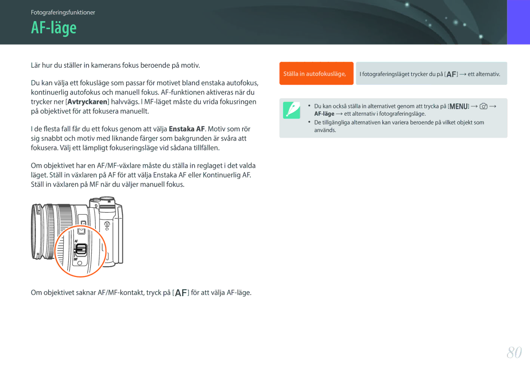 Samsung EV-NX300ZBAVSE, EV-NX300ZBFUDK, EV-NX300ZBAVDK manual AF-läge, Lär hur du ställer in kamerans fokus beroende på motiv 