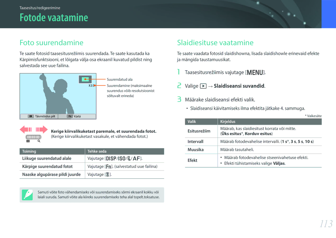 Samsung EV-NX300ZBSTLV, EV-NX300ZBQUDE, EV-NX300ZBQULV Fotode vaatamine, 113, Foto suurendamine, Slaidiesituse vaatamine 