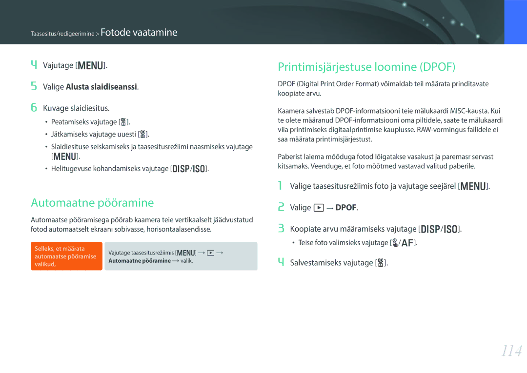 Samsung EV-NX300ZBPULV, EV-NX300ZBQUDE, EV-NX300ZBQULV manual 114, Automaatne pööramine, Printimisjärjestuse loomine Dpof 