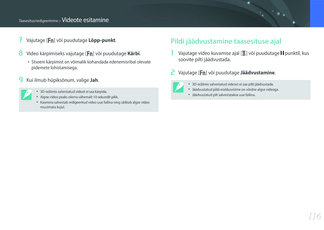 Samsung EV-NX300ZBQULV, EV-NX300ZBQUDE, EV-NX300ZBSTLV, EV-NX300ZBPULV manual 116, Pildi jäädvustamine taasesituse ajal 