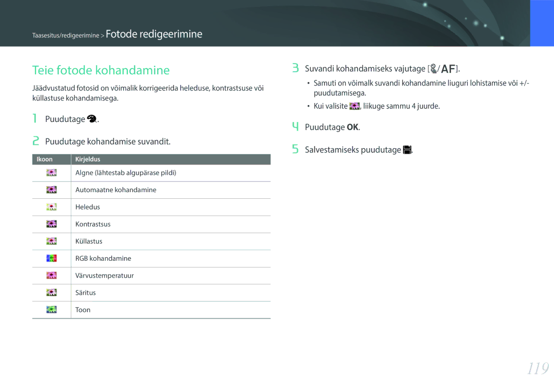 Samsung EV-NX300ZBQUDE, EV-NX300ZBQULV 119, Puudutage Puudutage kohandamise suvandit, Suvandi kohandamiseks vajutage C/F 