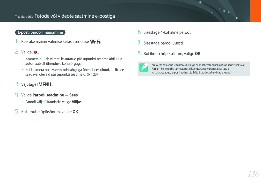 Samsung EV-NX300ZBQULV, EV-NX300ZBQUDE 136, Posti parooli määramine, Keerake režiimi valimise ketas asendisse B Valige 