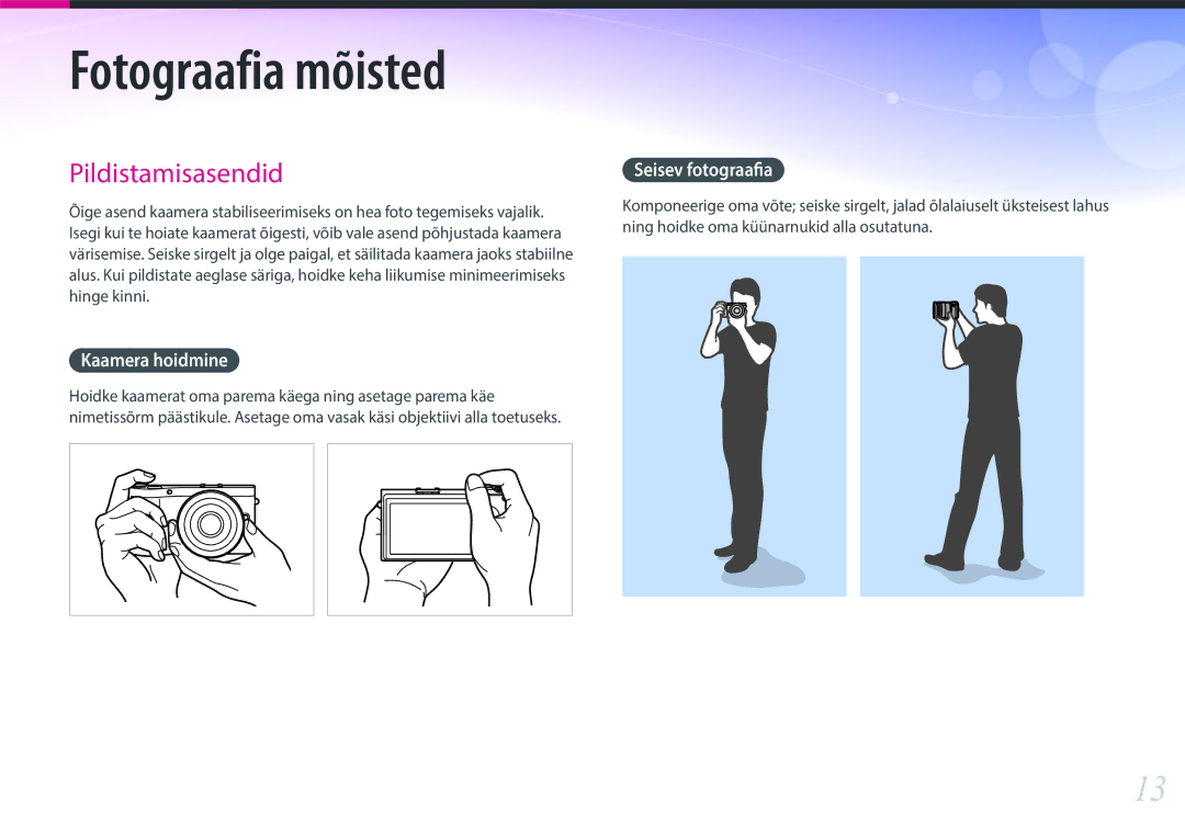 Samsung EV-NX300ZBSTLV, EV-NX300ZBQUDE, EV-NX300ZBQULV, EV-NX300ZBPULV manual Kaamera hoidmine, Seisev fotograafia 