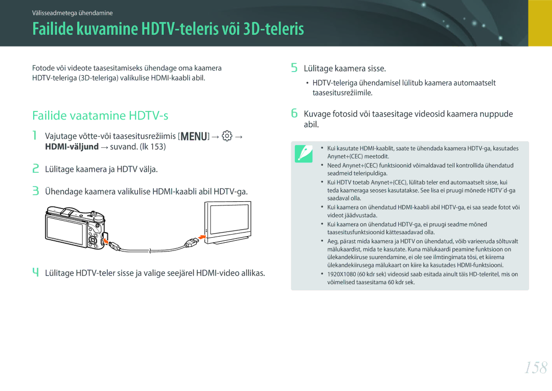 Samsung EV-NX300ZBPULV Failide kuvamine HDTV-teleris või 3D-teleris, 158, Failide vaatamine HDTV-s, Lülitage kaamera sisse 