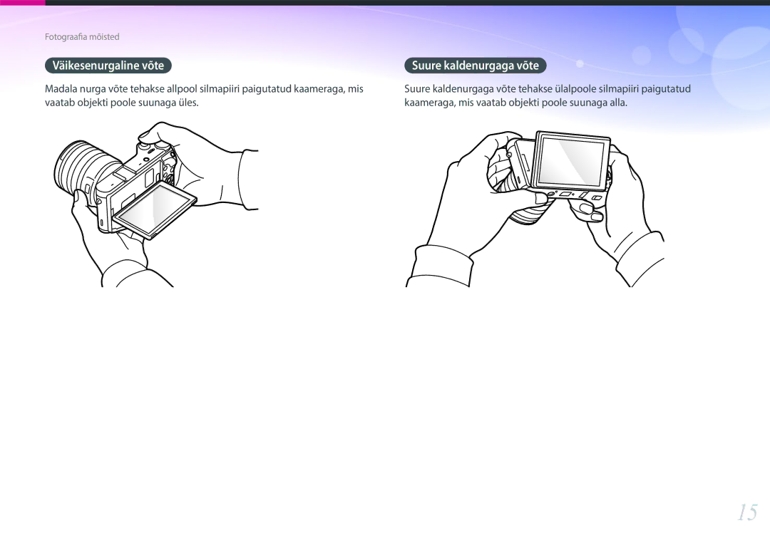 Samsung EV-NX300ZBQUDE, EV-NX300ZBQULV, EV-NX300ZBSTLV, EV-NX300ZBPULV manual Väikesenurgaline võte Suure kaldenurgaga võte 