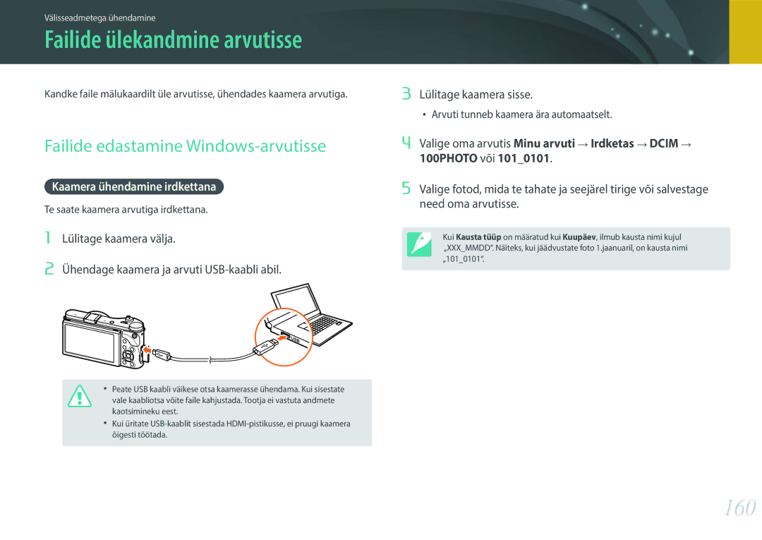 Samsung EV-NX300ZBQULV, EV-NX300ZBQUDE manual 160, Failide edastamine Windows-arvutisse, Kaamera ühendamine irdkettana 