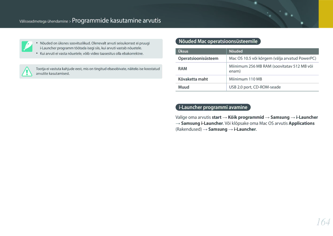 Samsung EV-NX300ZBQULV manual 164, Nõuded Mac operatsioonsüsteemile, Launcher programmi avamine, Operatsioonisüsteem, Enam 
