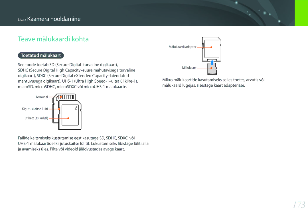 Samsung EV-NX300ZBSTLV, EV-NX300ZBQUDE, EV-NX300ZBQULV, EV-NX300ZBPULV manual 173, Teave mälukaardi kohta, Toetatud mälukaart 