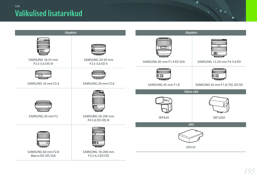 Samsung EV-NX300ZBQUDE, EV-NX300ZBQULV, EV-NX300ZBSTLV, EV-NX300ZBPULV manual Valikulised lisatarvikud, 195 