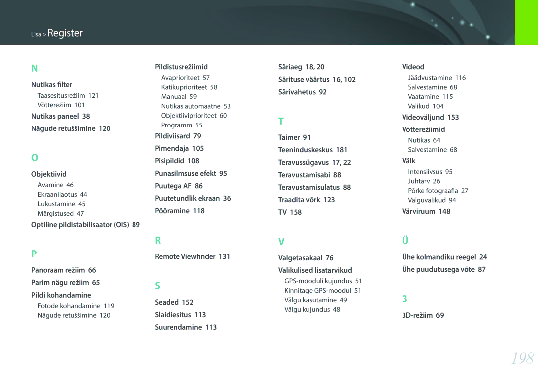 Samsung EV-NX300ZBPULV, EV-NX300ZBQUDE, EV-NX300ZBQULV, EV-NX300ZBSTLV manual 198, Optiline pildistabilisaator OIS 