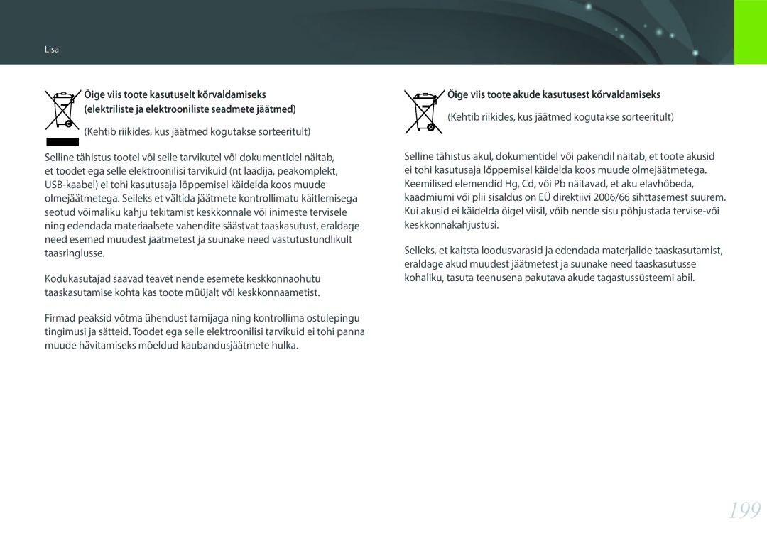 Samsung EV-NX300ZBQUDE, EV-NX300ZBQULV, EV-NX300ZBSTLV manual 199, Kehtib riikides, kus jäätmed kogutakse sorteeritult 