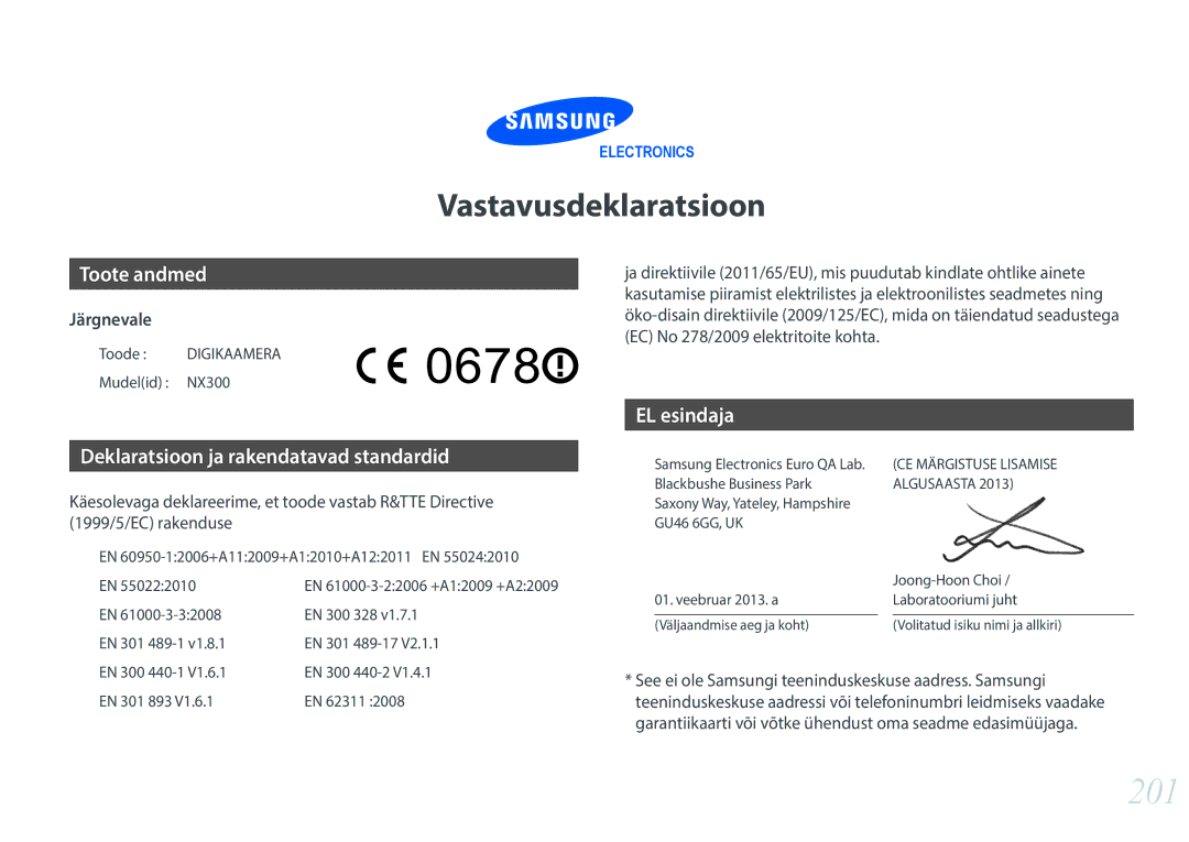 Samsung EV-NX300ZBSTLV manual Toode Digikaamera Mudelid NX300, EN 60950-12006+A112009+A12010+A122011 EN, EN 300 328 