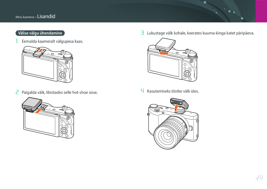 Samsung EV-NX300ZBSTLV manual Välise välgu ühendamine, Lukustage välk kohale, keerates kuuma-kinga katet päripäeva 