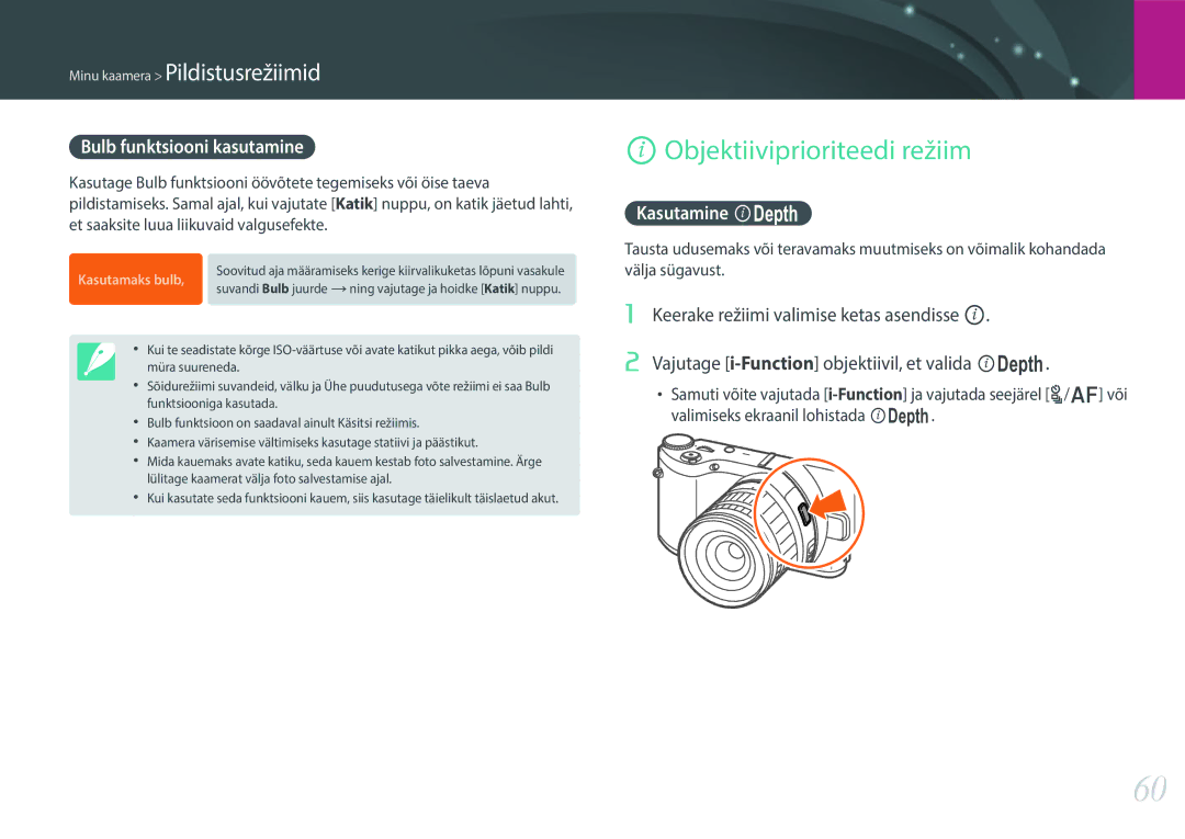 Samsung EV-NX300ZBQULV, EV-NX300ZBQUDE manual Objektiiviprioriteedi režiim, Bulb funktsiooni kasutamine, Kasutamine E 