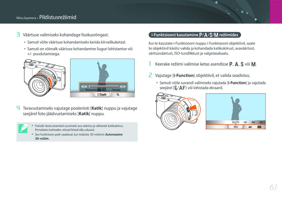 Samsung EV-NX300ZBSTLV manual Väärtuse valimiseks kohandage fookusrõngast, Funktsiooni kasutamine P/A/S/M režiimides 