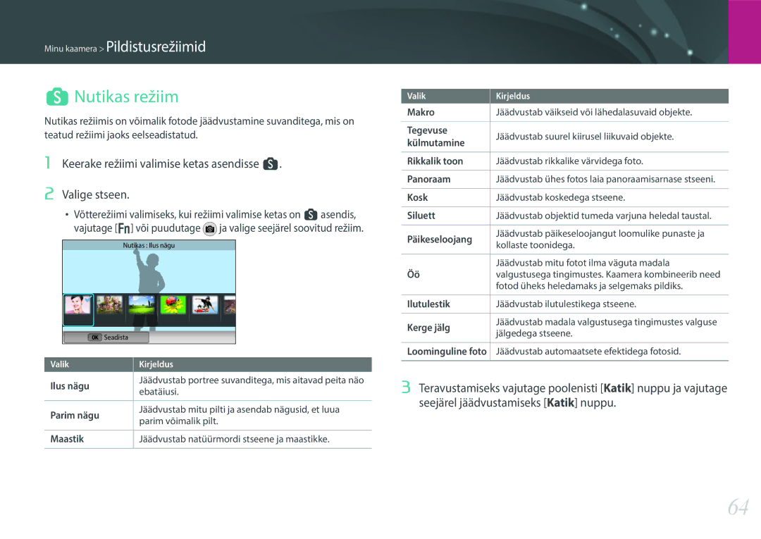 Samsung EV-NX300ZBQULV, EV-NX300ZBQUDE manual Nutikas režiim, Keerake režiimi valimise ketas asendisse s Valige stseen 